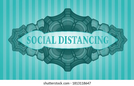 Social Distancing text inside Currency Turquoise color realistic emblem. Bars handsome background. Illustration. 