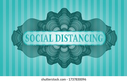 Social Distancing Text in Guilloche Türkis realistisches Abzeichen. Bars sind ein zarter Hintergrund. Vector-Abbildung. 