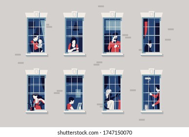 Social distancing themed concept vector with people staying at home during lockdown. Creative illustration on quarantine with neighbours in windows