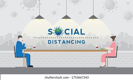 Social distancing, Together concept after pandemic of covid-19 corona virus. New normal is stay apart and personal distance. Couple eating dinner romantic dating in restaurant. Flat and minimal style.