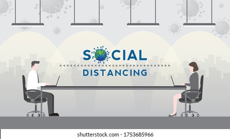 Social distancing. Together concept after pandemic of covid-19 corona virus. New normal is stay apart and personal distance. Business people working in office using laptop. Flat style minimal design.