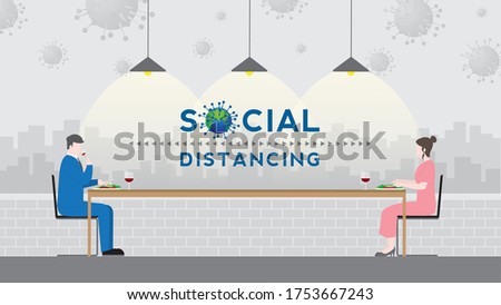 Social distancing, Together concept after pandemic of covid-19 corona virus. New normal is stay apart and personal distance. Couple eating dinner romantic dating in restaurant. Flat and minimal style.