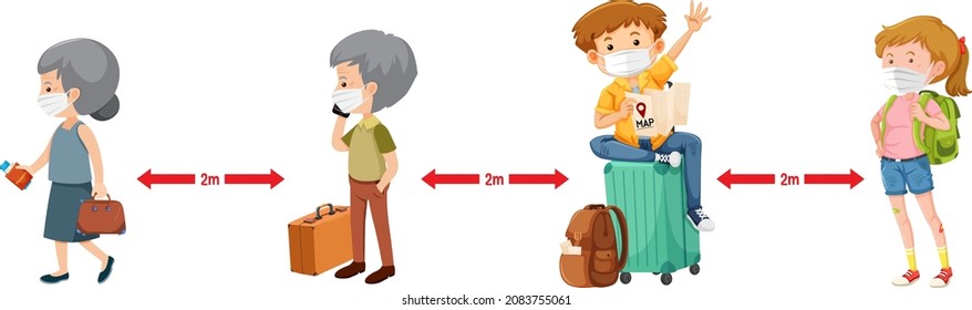 Social distancing with tourists waiting in a queue illustration