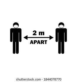 Distancia social a dos metros de distancia. Figuras de palo blanco y negro con máscara facial. Directriz de la pandemia Covid-19. Vector EPS