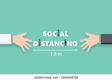 Social distancing. two hand keep spaces between each other for social distance, increasing the physical space between people to avoid spreading illness during transmission of COVID-19 outbreak