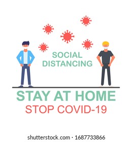 Social distancing, two man wear mask keep distance in public to protect themselves from covid 19 corona virus