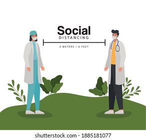 social distancing, two meters and six feet lettering with one doctor man and woman vector illustration design