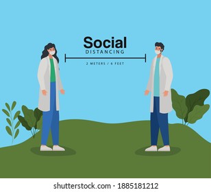 social distancing, two meters and six feet lettering with one doctor man and woman on a meadow vector illustration design