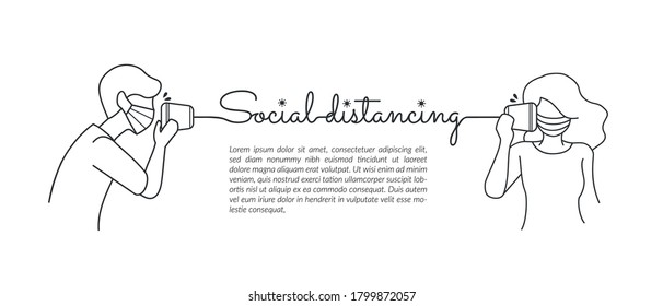 Social distancing, two people communicate using a tin can telephone to keep their distance.