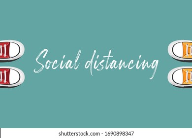 Social distancing. two people keep spaced between each other for social distance, increasing the physical space between people to avoid spreading illness during transmission of COVID-19 outbreak