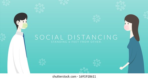 Social distancing. two people keep spaced between each other for  increasing the physical space between people to avoid spreading illness during transmission of COVID-19 outbreak