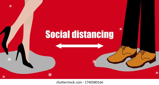 Social distancing. two people keep spaced between each other for social distance, increasing the physical space between people to avoid spreading illness during transmission of COVID-19 outbreak