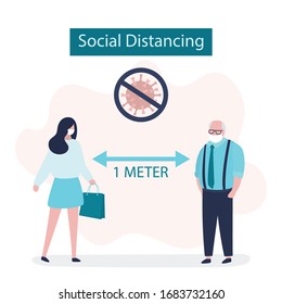 Social Distancing, two people keeping distance for infection risk and disease. 1 meter distance between humans. Covid-19 prevention banner. Viral infection pandemic. Trendy flat vector illustration