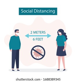 Social Distancing, two people keeping distance for infection risk and disease. 2 meters or 6 feet distance between humans.Covid-19 prevention banner. Viral infection pandemic. Flat vector illustration
