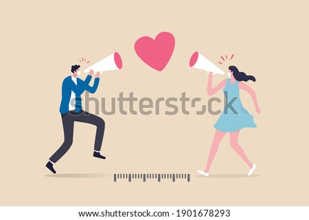 Social distancing valentine, lover couple telling I love you by keeping distance away due to COVID-19 Coronavirus concept, lovely boyfriend and girlfriend speak through megaphone with love heart shape