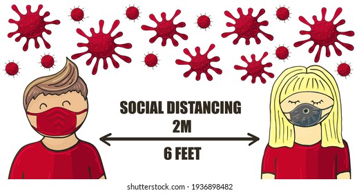 Social Distancing. Vector background. Cartoon man and woman observe social distance. Fight coronavirus