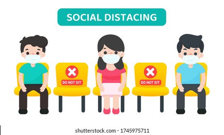 Social distancing. Vector cartoon people sitting in a chair spaced against others, preventing the spread of the corona virus.