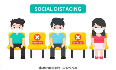 Social distancing. Vector cartoon people sitting in a chair spaced against others, preventing the spread of the corona virus.