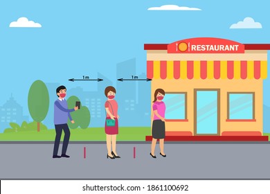 Social distancing vector concept: Group of people waiting for entering restaurant while keeping social distancing 