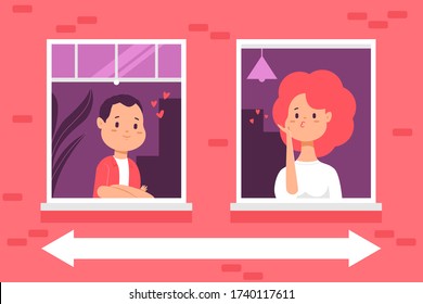 Social distancing vector concept illustration with the neighbors in love in the window.