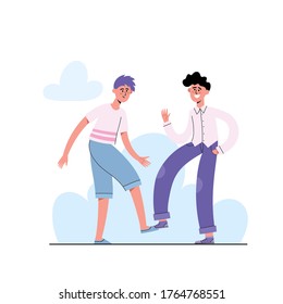 Social distancing vector concept, people avoid handshake or hand touch to protect from coronavirus, two men people greet each other with feet in modern flat style