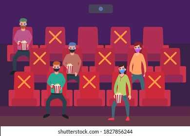 Social distancing vector concept: People watching movie in cinema while wearing face mask with health protocol