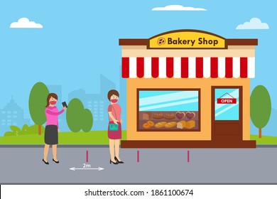 Social distancing vector concept: Two young women keep social distancing in bakery shop while wearing face mask
