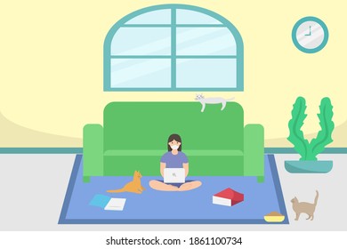 Social distancing vector concept: University student studying with her cats while using laptop at home