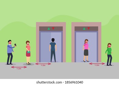 Concepto de vector de distanciamiento social: Mujeres y hombres jóvenes mantienen el distanciamiento social en el ascensor mientras realizan actividades con la nueva normalidad