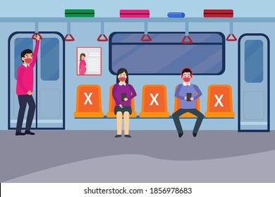 Social distancing vector concept: Young man and woman using public transportation in new normal