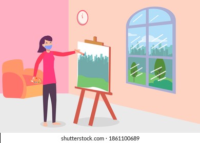 Social distancing vector concept: Young woman painting on canvas at home while wearing face mask