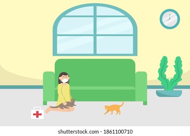 Social distancing vector concept: Young woman examining cat while using stethoscope at home