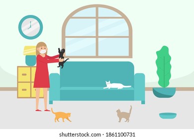 Social distancing vector concept: Young girl playing with her cats while wearing face mask at home