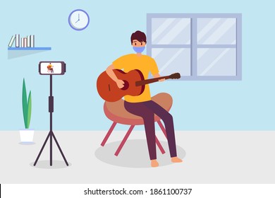 Social distancing vector concept: Young man playing guitar at home with face mask while looking at smartphone camera