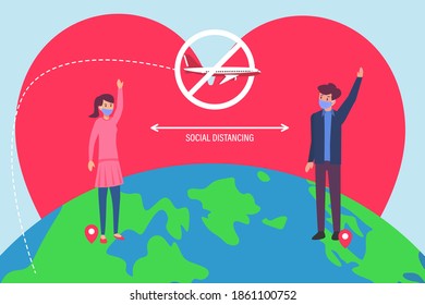 Social distancing vector concept: Young couple at a distance waving to each other while wearing face mask