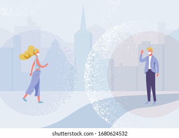 Concepto de diseño de vectores de distanciamiento social. Ilustración de antecedentes sobre medidas preventivas, protección humana en la gran ciudad. El hombre y la mujer conservan la distancia durante una enfermedad epidémica del coronavirus.