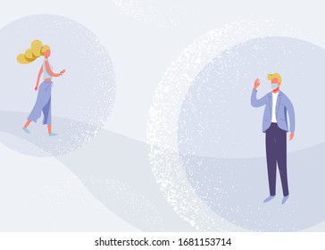 Social distancing vector design concept. Illustration background about keep distance to protect each other. Man and woman preserve distance during an epidemic coronavirus disease.