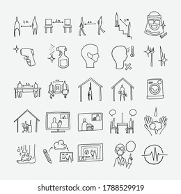 conjunto de iconos de doodle vectorial de distanciamiento social. Línea dibujada a mano en la ilustración del esbozo de dibujo.