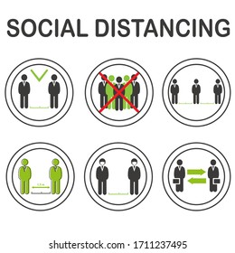 Social distancing vector icons set, keep distance in public society people to protect from COVID-19 coronavirus outbreak spreading concept, People keep distance away in the meeting.