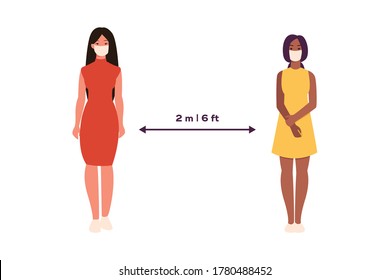 Social distancing vector illustration. Flat female characters - young women - wearing medical masks. Pandemic, coronavirus, covid-19, safety.