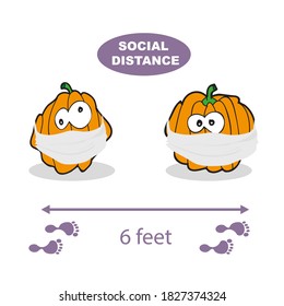 Social Distancing. Vector illustration on a white background. Pumpkin wearing a face mask. Covid-19 virus, Halloween vector