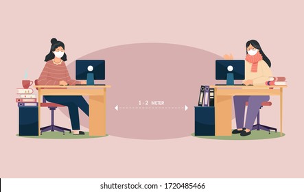 Ilustración vectorial de Distancia Social. Trabajando desde casa, trabajando a distancia. Oficina doméstica en el brote de Coronavirrus. Estar a salvo en casa