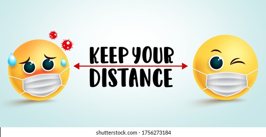 social distancing vector signage banner. Keep your distance text with two yellow faces wearing face mask for coronavirus covid-19 pandemic protection. Vector illustration.  
