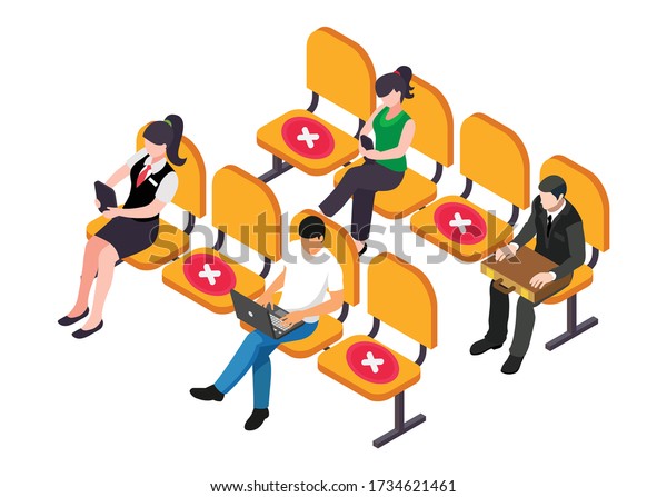 待ち合わせ場所を離れる社会的な方法 人々は Covid 19ウイルスのために 距離を保って椅子に座っている 待ち受けゾーンのベクターイラスト Covid 19ポスター のベクター画像素材 ロイヤリティフリー