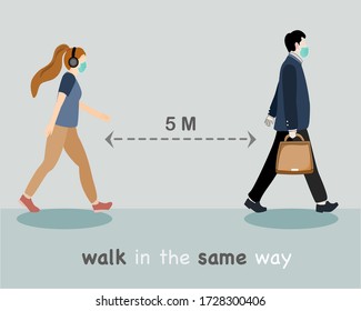 Social distancing. Walk in the same way. People keeping distance for infection risk and disease from corona virus