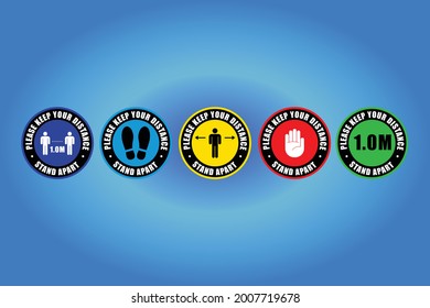 Social distancing warning floor and wall siymbols for use during coronavirus covid-19 outbreak pandemic epidemic. Vector sticker or sign to remind customers to keep their distance and quarantine.