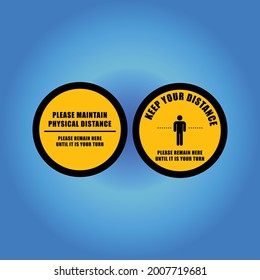 Social distancing warning floor and wall siymbols for use during coronavirus covid-19 outbreak pandemic epidemic. Vector sticker or sign to remind customers to keep their distance and quarantine.