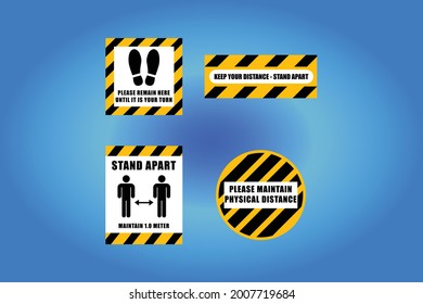 Social distancing warning floor and wall siymbols for use during coronavirus covid-19 outbreak pandemic epidemic. Vector sticker or sign to remind customers to keep their distance and quarantine.