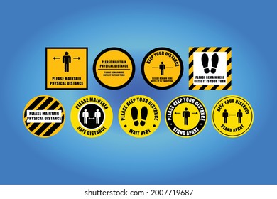 Social distancing warning floor and wall siymbols for use during coronavirus covid-19 outbreak pandemic epidemic. Vector sticker or sign to remind customers to keep their distance and quarantine.