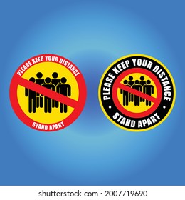 Social distancing warning floor and wall siymbols for use during coronavirus covid-19 outbreak pandemic epidemic. Vector sticker or sign to remind customers to keep their distance and quarantine.